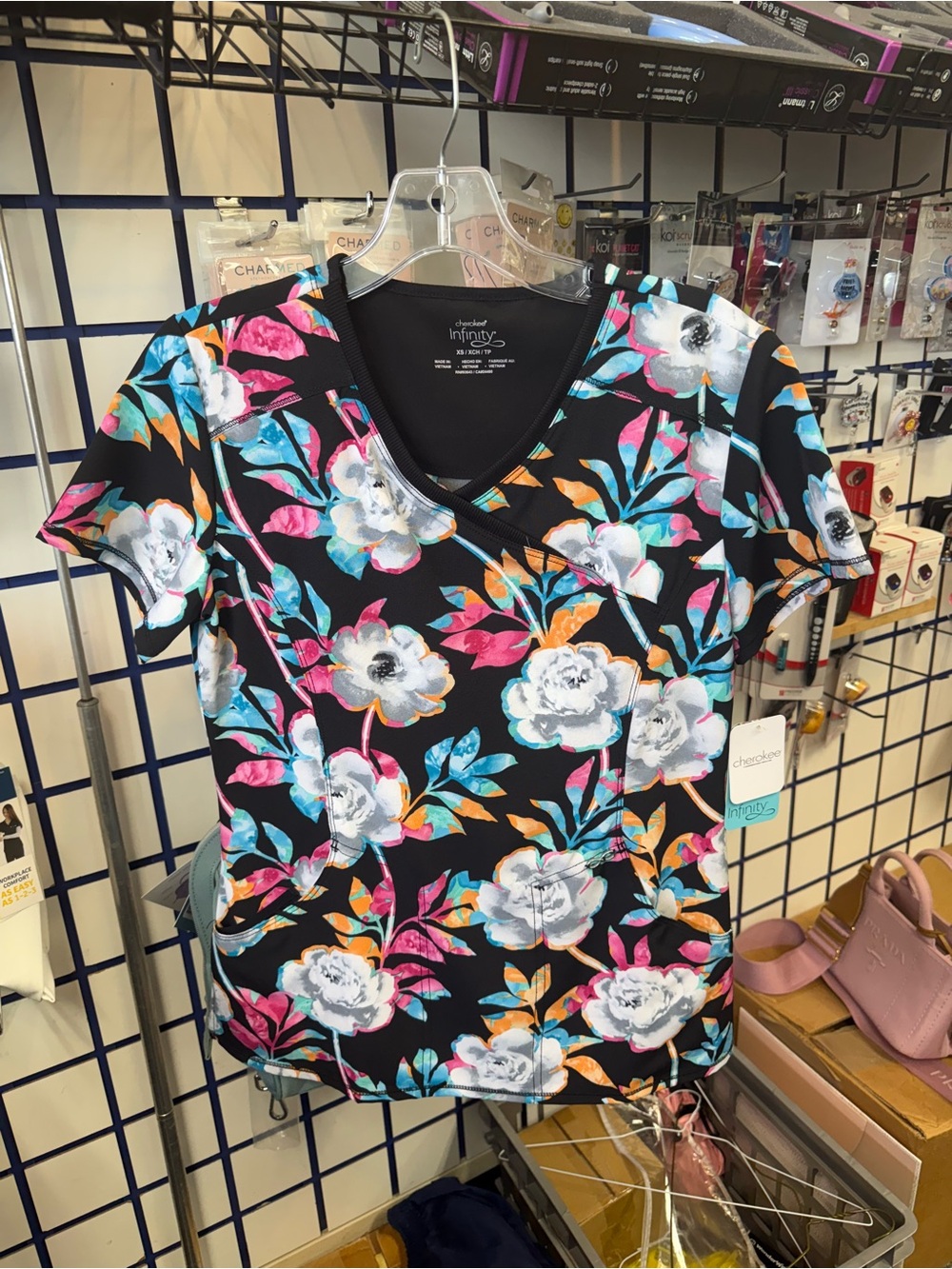 Cherokee Black Floral V-Neck Scrub Top with Multicolor Flowers